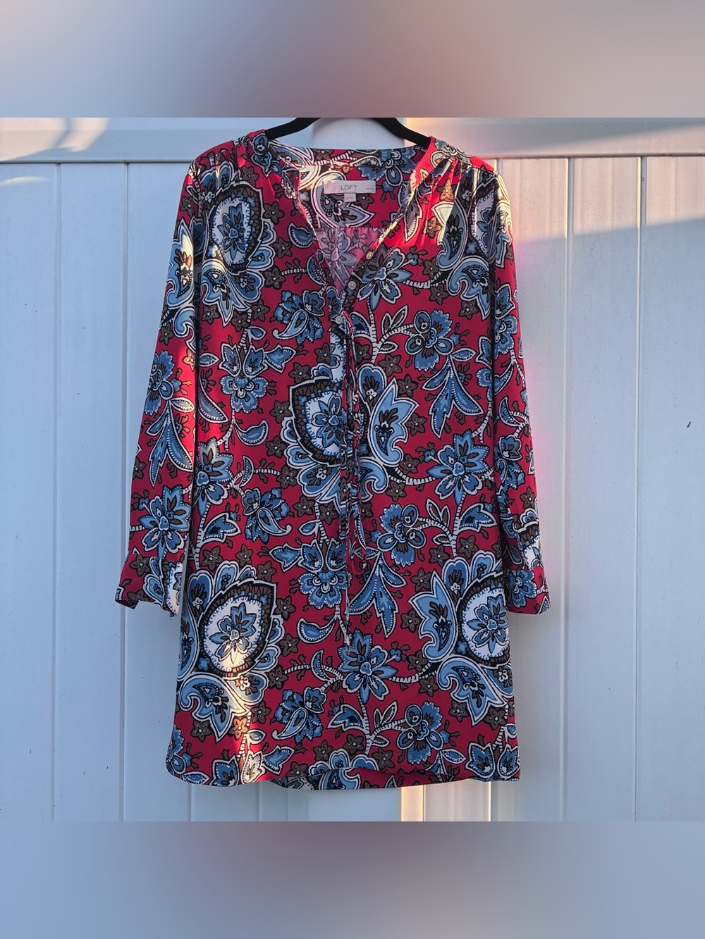 LOFT Red Paisley Tie-Neck Tunic Blue Floral Polyester Retro Boho Sz XS Petite